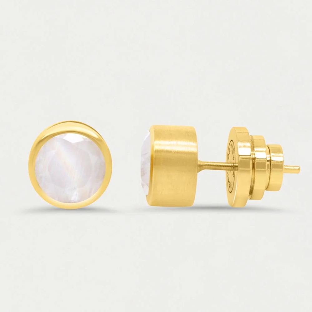 Gold-Plated White Mother of Pearl Round Stud Earrings